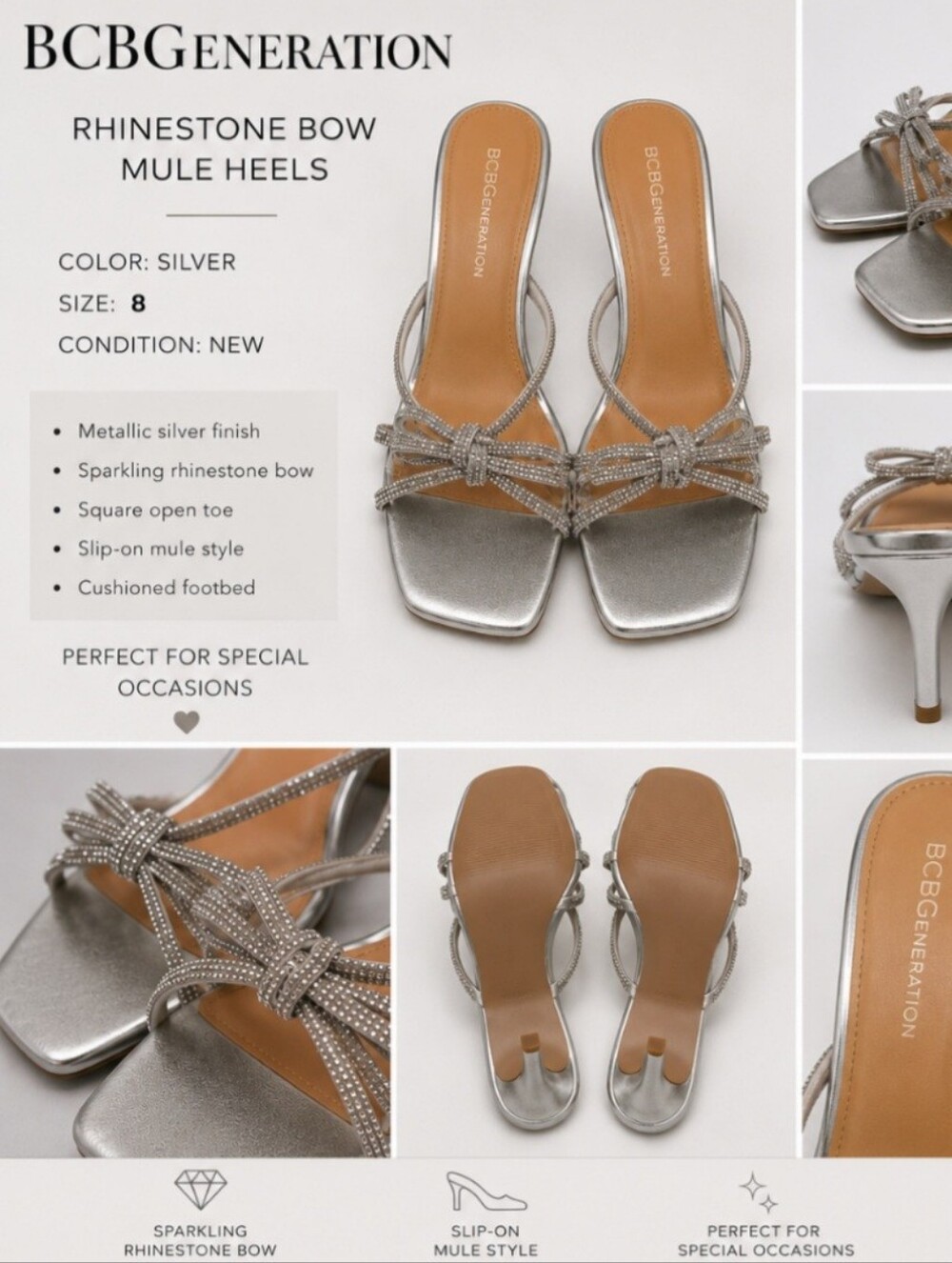 BCBGeneration Silver Rhinestone Bow Slip-On Mules - New - Size 8
